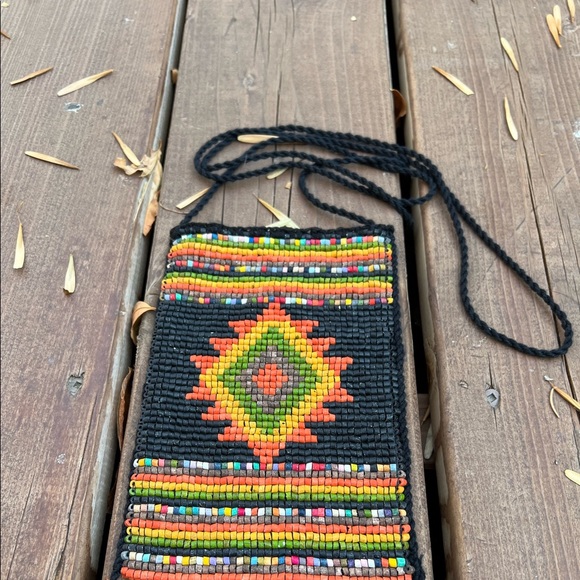 Hand-dyed beads Boho Beaded Purse Satchel Bag Pattern Black Gold diamond 70s - Picture 6 of 9